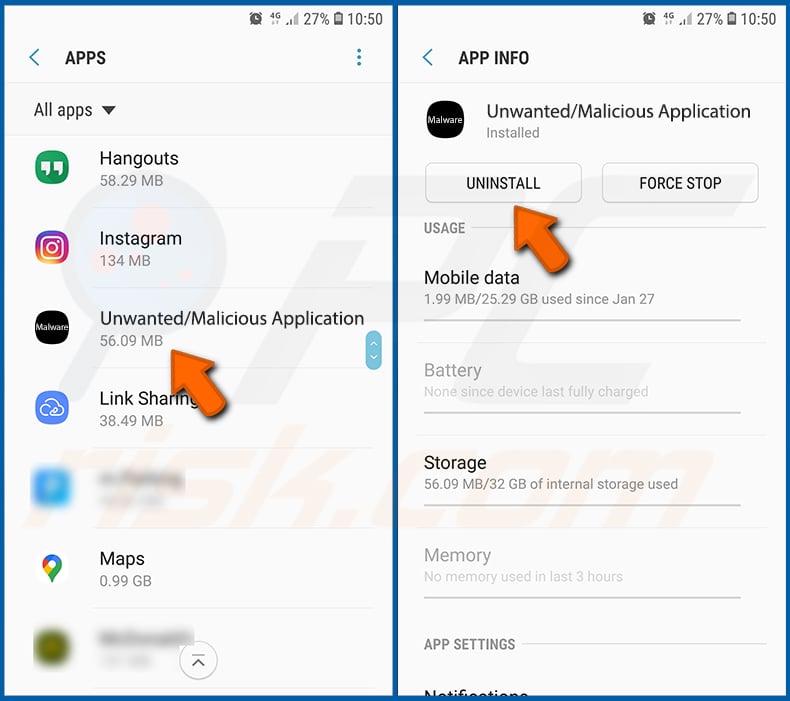 Eliminar aplicaciones no deseadas/maliciosas del sistema operativo Android (paso 2)