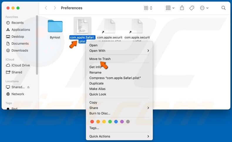 Haz clic con el botón derecho en com.apple.Safari.plist y haz clic en Mover a la papelera