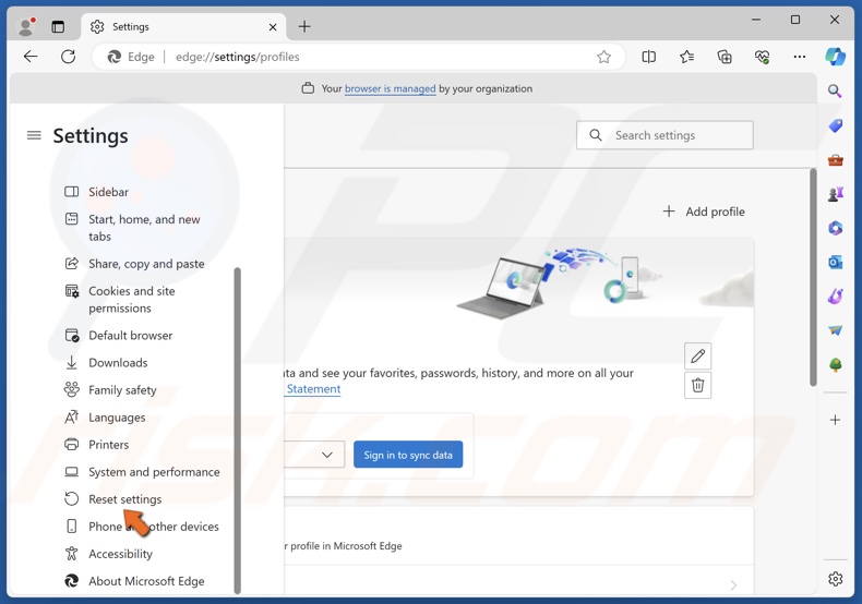 Seleccione el panel Restablecer configuración