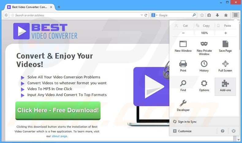 Eliminando los anuncios BestVideoConverter de Mozilla Firefox paso 1