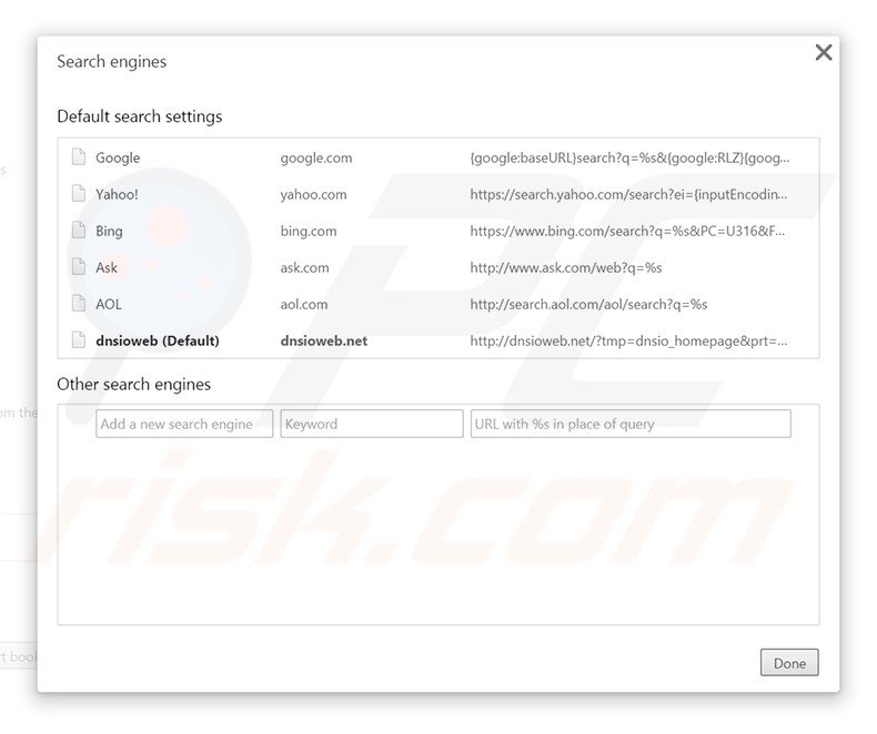 Eliminando dnsioweb.net del motor de búsqueda por defecto de Google Chrome