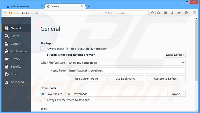 Eliminando dnsioweb.net de la página de inicio de Mozilla Firefox