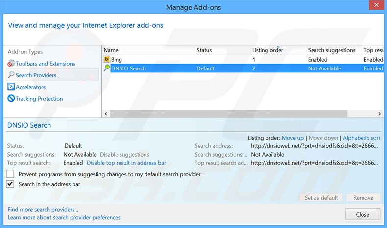 Eliminando dnsioweb.net del motor de búsqueda por defecto de Internet Explorer