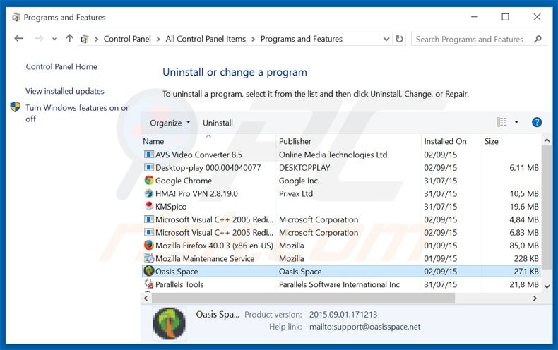 desinstalar oasis space del Panel de control