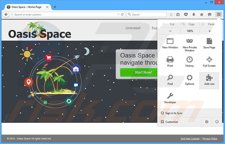 Eliminando los anuncios de Oasis Space de Mozilla Firefox paso 1