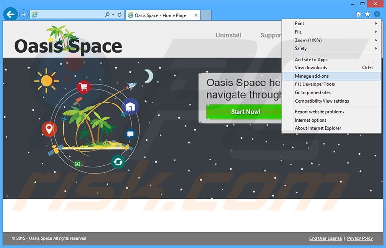 Eliminando los anuncios de Oasis Space de Internet Explorer paso 1