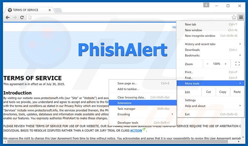 Eliminando los anuncios Phishalert de Google Chrome paso 1