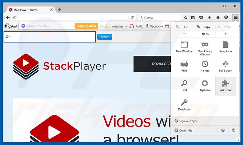 Eliminando los anuncios de Stack Player de Mozilla Firefox paso 1