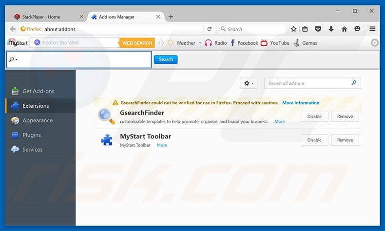 Eliminando los anuncios de Stack Player de Mozilla Firefox paso 2