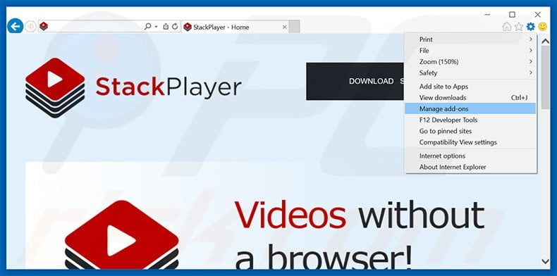 Eliminando los anuncios de Stack Player de Internet Explorer paso 1