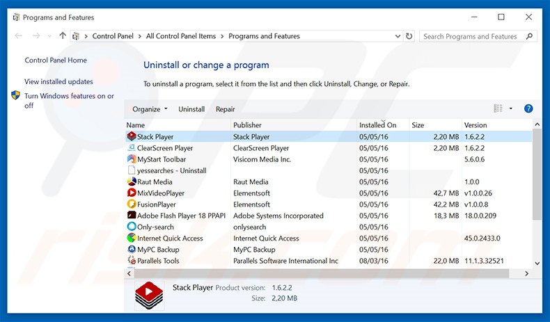 desinstalar el adware Stack Player del Panel de control