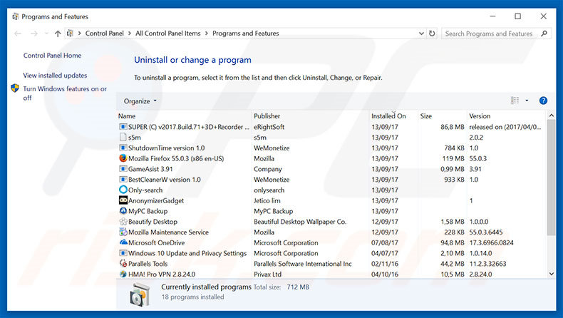 Warning! Malware Detected! desinstalación de adware a través del Panel de control