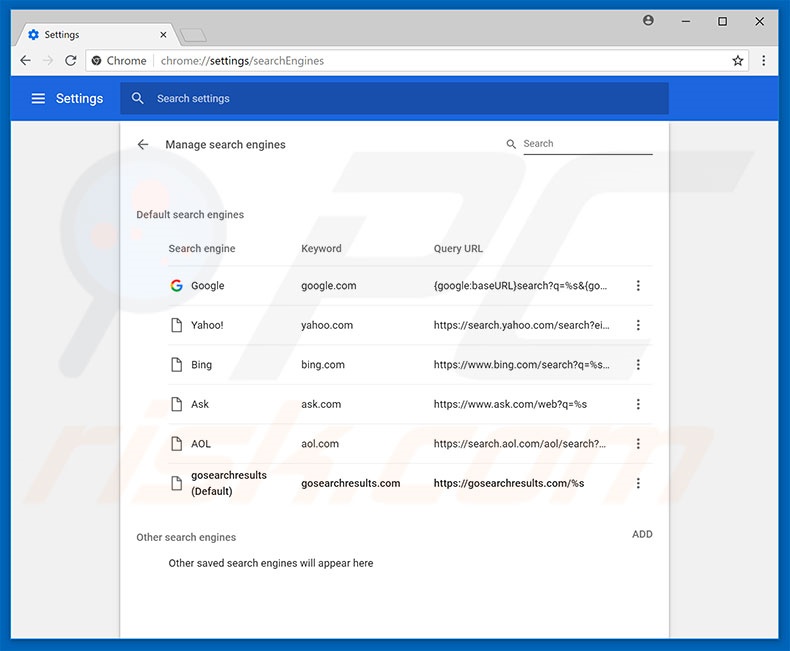 Eliminando gosearchresults.com del motor de búsqueda predeterminado de Google Chrome