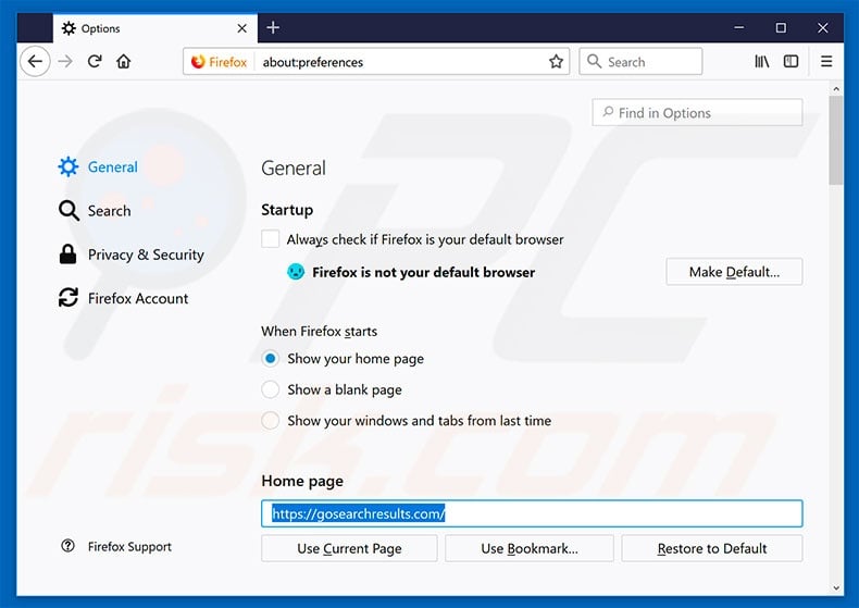 Eliminando gosearchresults.com de la página de inicio de Mozilla Firefox