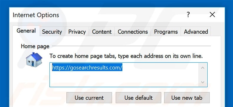 Eliminando gosearchresults.com de la página de inicio de Internet Explorer