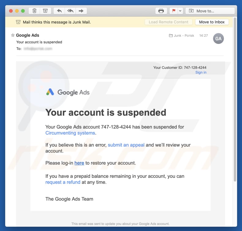 Google Ads - Your account is suspended campaña de spam