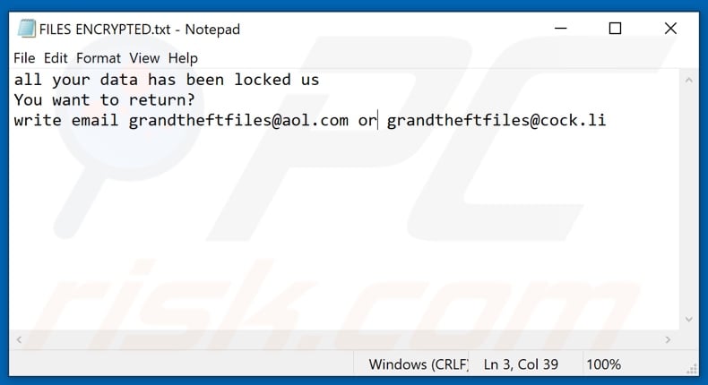 Archivo de texto de ransomware gtf (FILES ENCRYPTED.txt)