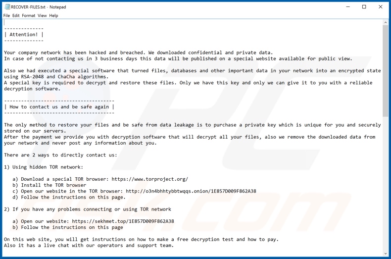 Instrucciones de desencriptamiento de Sekhmet (RECOVER-FILES.txt)