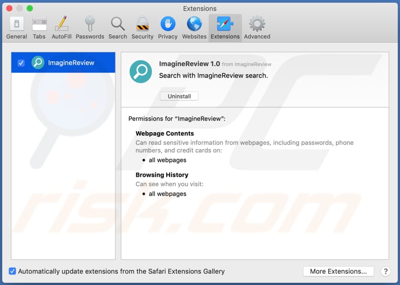 Adware ImagineReview instalado en Safari