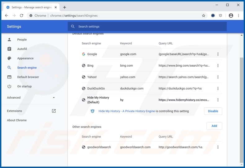 Eliminación de hmyhoroscopetab.com del motor de búsqueda predeterminado de Google Chrome