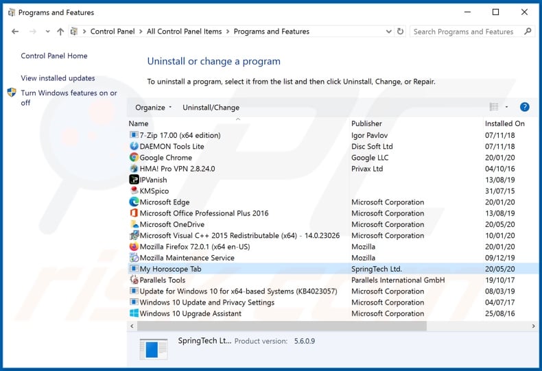 hmyhoroscopetab.com desinstalación del secuestrador del navegador a través del Panel de control