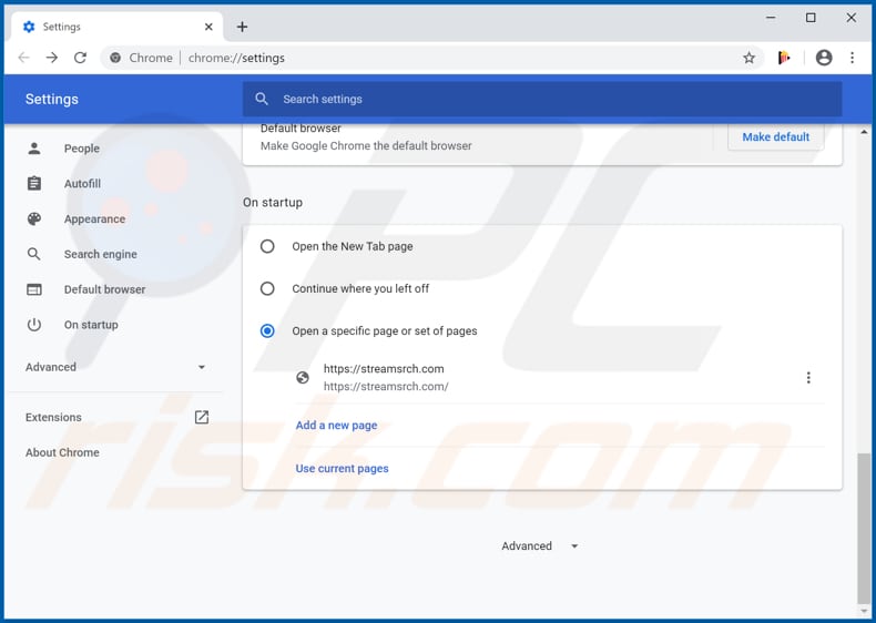 Eliminando streamsrch.com de la página de inicio de Google Chrome
