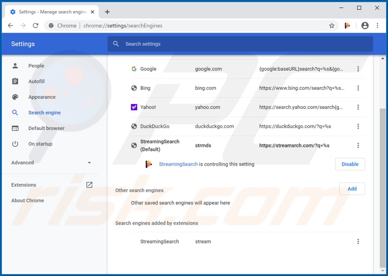 Eliminando streamsrch.com del motor de búsqueda predeterminado de Google Chrome