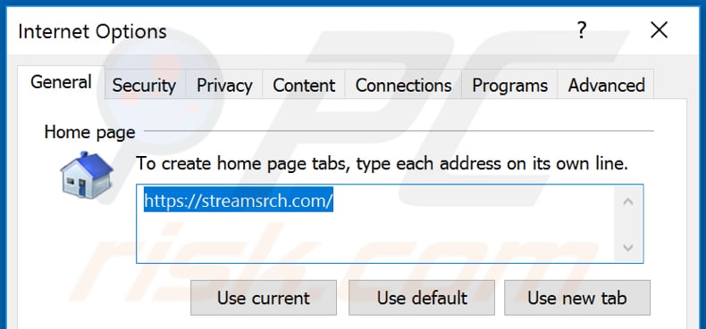 Eliminando streamsrch.com de la página de inicio de Internet Explorer