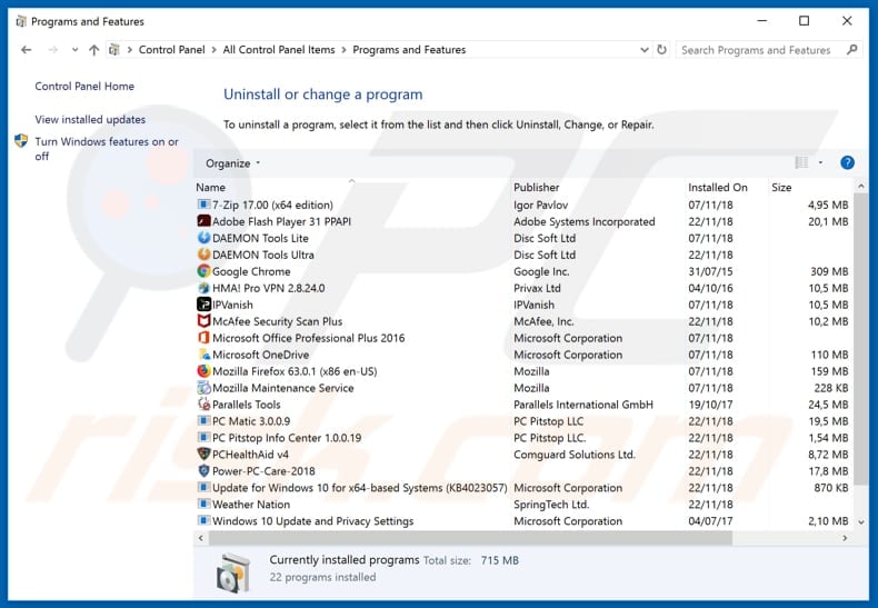 Desinstalación del secuestrador del navegador StreamingSearch a través del Panel de Control