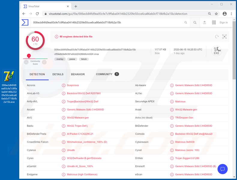 MyDoom malware detecciones en VirusTotal