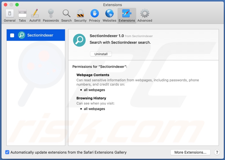 Adware SectionIndexer instalado en Safari