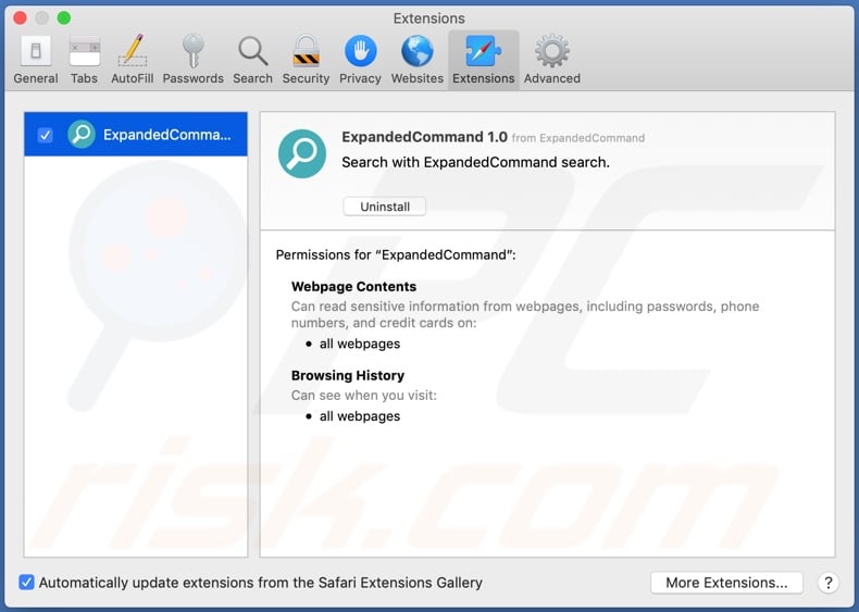 Adware ExpandedCommand instalado en Safari