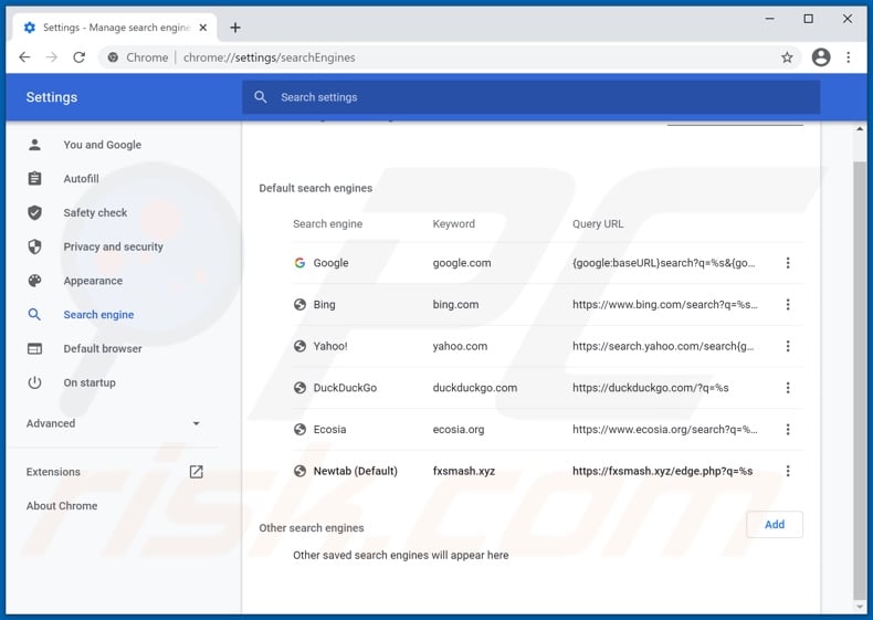 Eliminación de fxsmash.xyz del motor de búsqueda predeterminado de Google Chrome