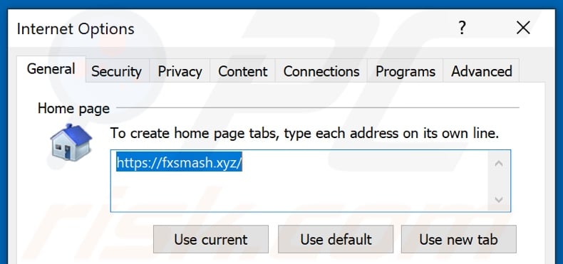 Eliminar fxsmash.xyz de la página principal de Internet Explorer