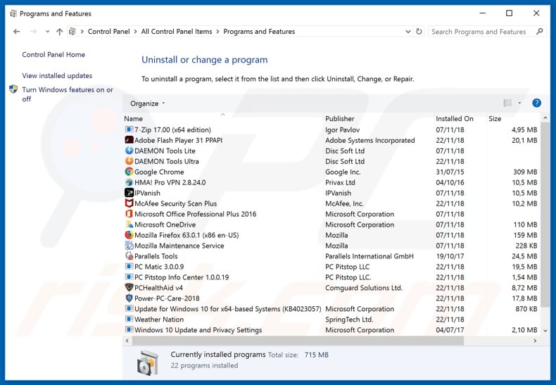 Desinstalación del secuestrador de navegadores fxsmash.xyz a través del Panel de control