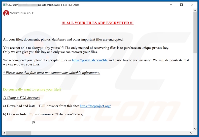 PROM ransomware nota de rescate (RESTORE_FILES_INFO.hta)