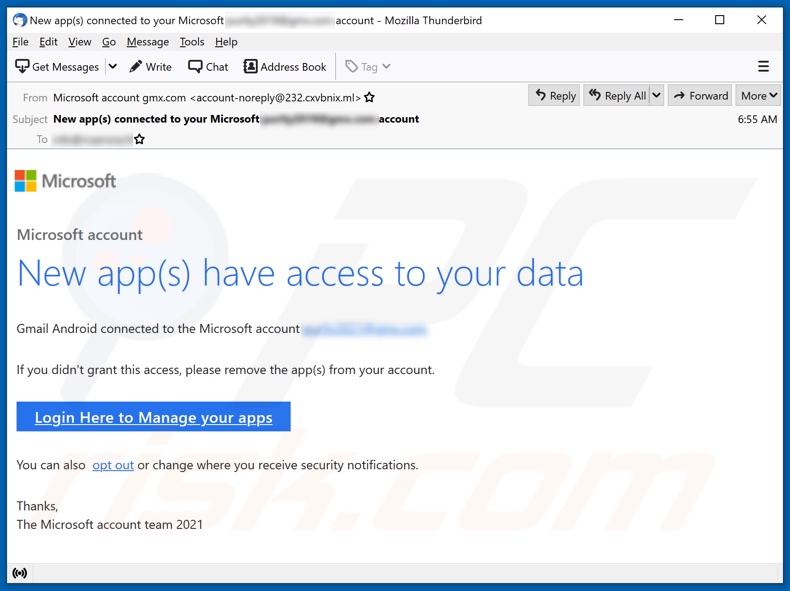 New app(s) have access to your Microsoft Account campaña de spam por correo electrónico