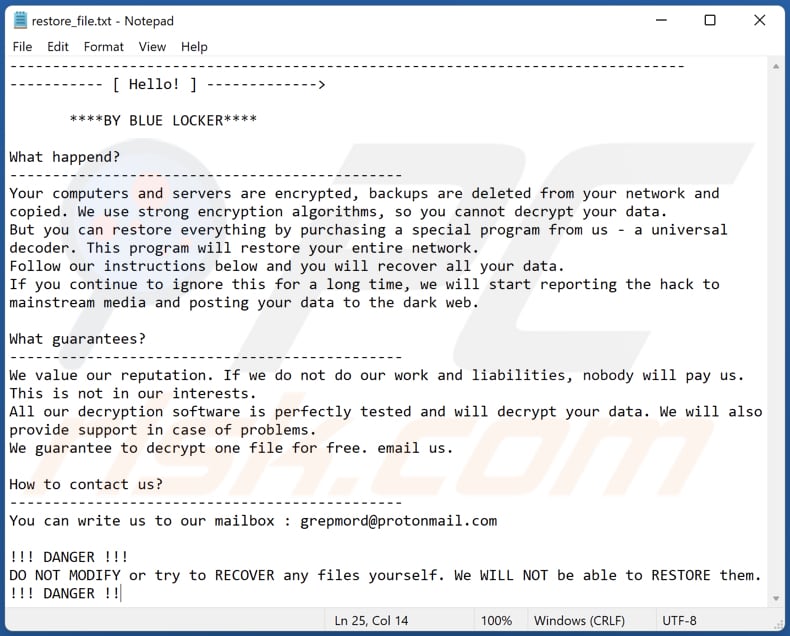 BLUE LOCKER ransomware archivo de texto (restore_file.txt)