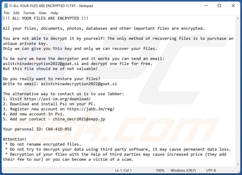 Archivo de texto del ransomware Asistchinadecryption (