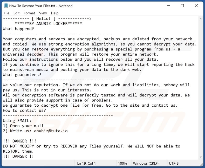 ANUBIZ LOCKER ransomware mensaje de petición de rescate (How To Restore Your Files.txt)