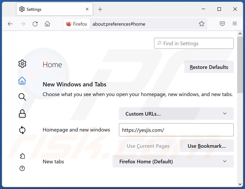 Eliminando yesjis.com de la página de inicio de Mozilla Firefox