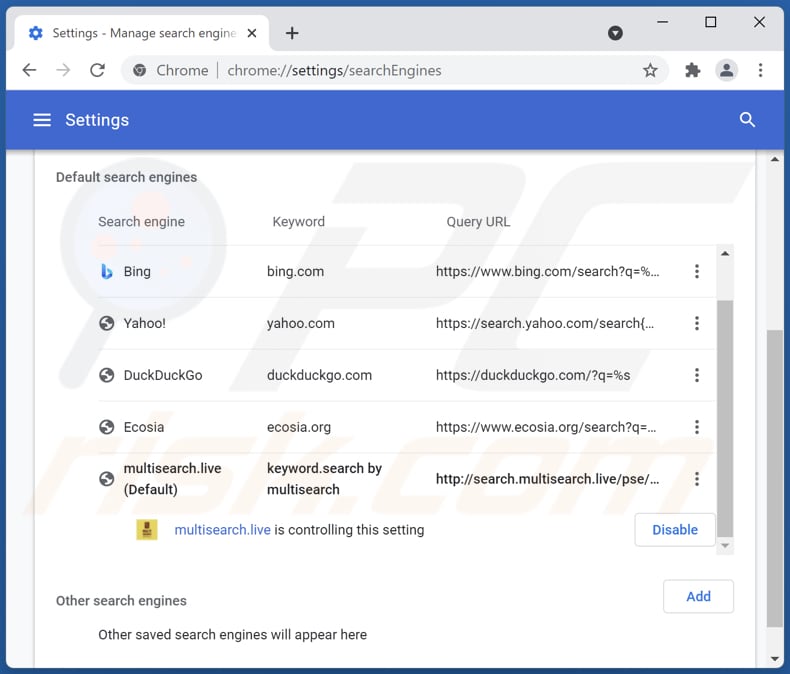 Eliminando search.multisearch.live del motor de búsqueda predeterminado de Google Chrome