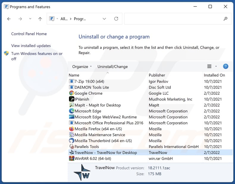 Desinstalar el adware TravelNow a través del Panel de Control