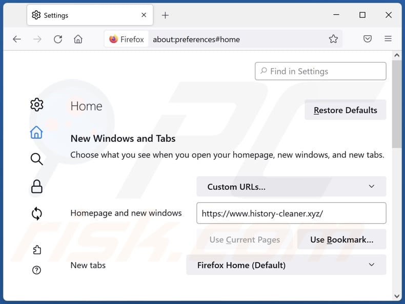 Eliminando history-cleaner.xyz de la página de inicio de Mozilla Firefox