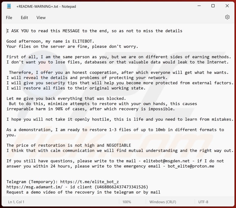 ELITEBOT archivo de texto ransomware (+README-WARNING+.txt)