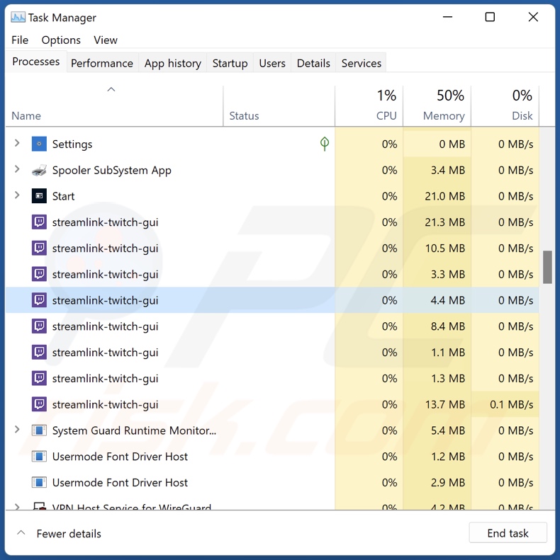 Proceso del adware Streamlink-twitch-gui en el Administrador de Tareas (streamlink-twitch-gui - nombre del proceso)