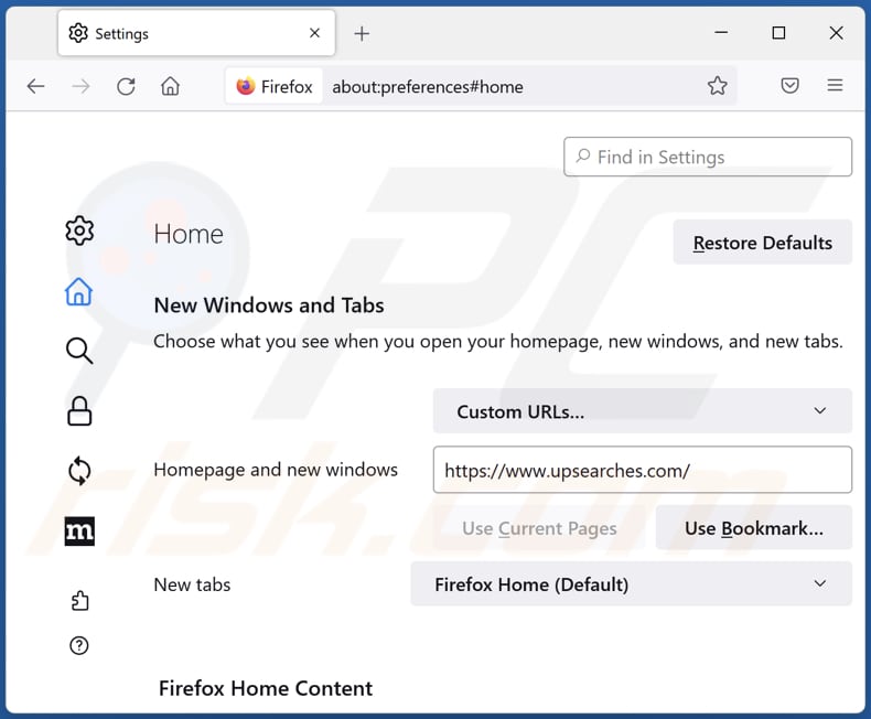 Eliminar upsearches.com de la página de inicio de Mozilla Firefox