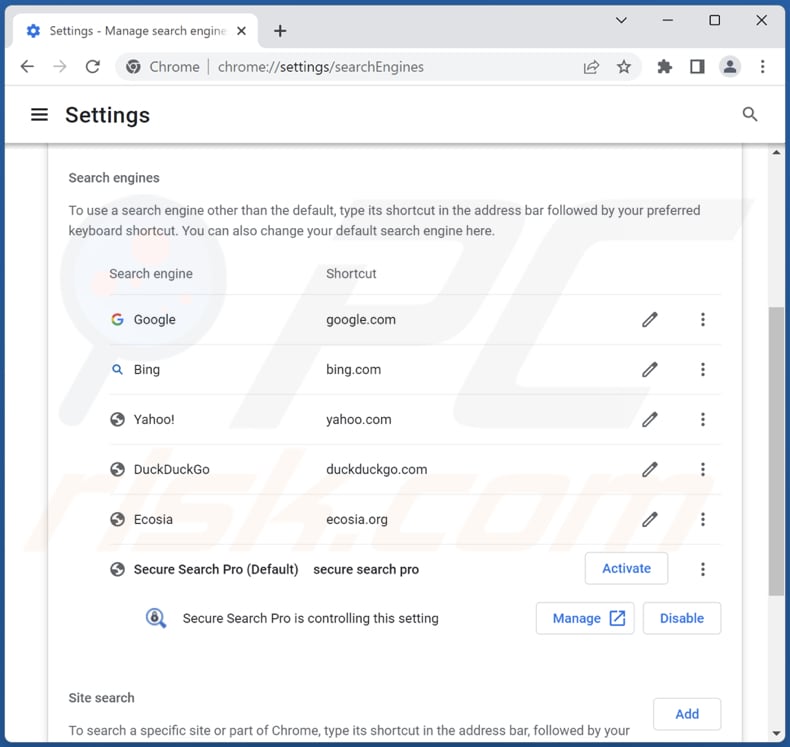 Eliminación de securesearch.pro del motor de búsqueda predeterminado de Google Chrome