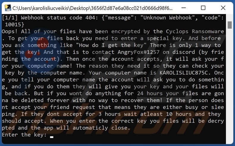 Nota de rescate del Cyclops ransomware (cmd)