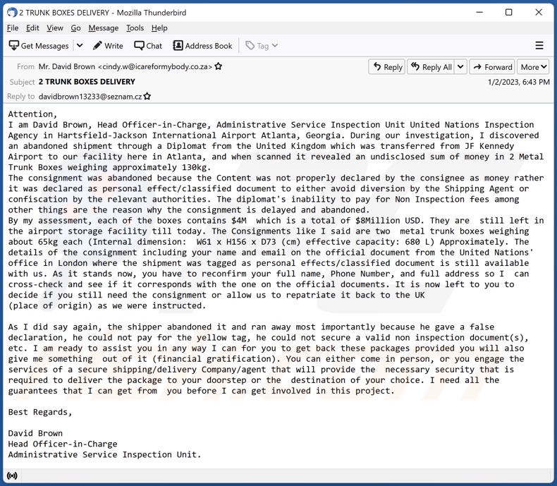 United Nations - Abandoned Shipment campaña de spam por correo electrónico